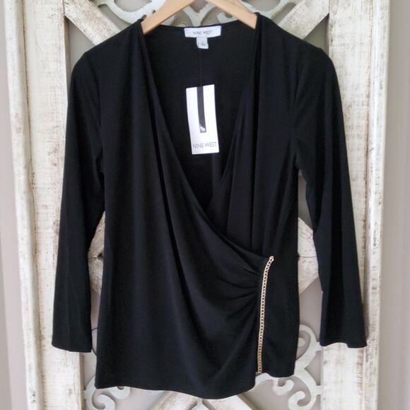 Nine West Women's Faux Wrap Chain Detail Surplice Top in Black - Picture 6 of 10